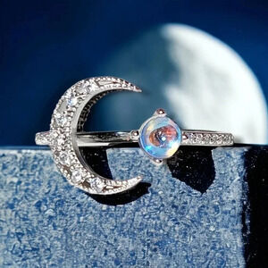🆕️S925 Silver Crescent Moon Simulated Moonstone Adjustable Ring And Rhinestones